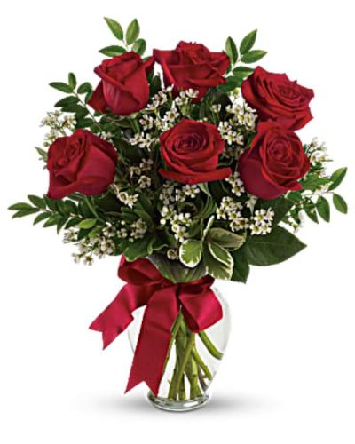 <div id="mark-2" class="m-pdp-tabs-marketing-description">Somebody's gonna get a beautiful surprise. Imagine her smile when this lovely bouquet of roses arrives at her door - for no special reason at all. Except that you love her. You are going to be such a hero.</div>
<div id="desc-2">
<ul>
<li>This charming bouquet includes red roses accented with white waxflower, huckleberry and pittosporum along with a red satin ribbon.</li>
<li>Delivered in a clear glass vase</li>
<li>Standard includes 3 glorious red roses, deluxe has 6 wonderful blooms while premium features an exquisite 9 roses.</li>
<li>Our florists hand-design each arrangement, so colors, varieties and containers may vary due to local availability</li>
</ul>
</div>