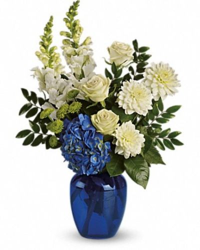 <div class="m-pdp-tabs-description">
<div id="mark-2" class="m-pdp-tabs-marketing-description">Sending this brilliant blue and white bouquet will surely garner oceans of appreciation from whoever receives it.</div>
</div>
<p id="arrngDescp">Dazzling blue hydrangea, green roses and button spray chrysanthemums, divine white dahlias and snapdragons plus huckleberry.</p>
<ul>
<li>Our florists hand-design each arrangement, so colors, varieties and containers may vary due to local availability</li>
</ul>