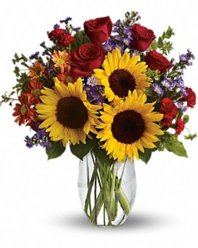 <div class="m-pdp-tabs-description">
<div id="mark-1" class="m-pdp-tabs-marketing-description">
<hr />
Pure happiness is what this pretty bouquet delivers - whether you're sending it for a fall birthday, Thanksgiving, thank you, or simply just because. Surely, no one can be in the presence of something so inherently happy and not smile.
</div>
</div>
Sunny sunflowers, red roses and miniature carnations, bronze daisy spray chrysanthemums, large lavender monte cassino asters and autumn greens are beautifully arranged in a clear glass vase.
<ul>
<li>Our florists hand-design each arrangement, so colors, varieties and containers may vary due to local availability</li>
</ul>
