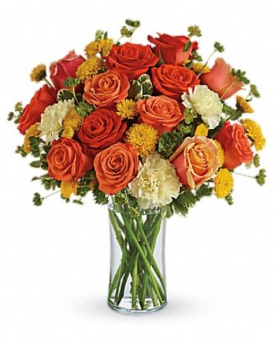 <div class="m-pdp-tabs-description">
<div id="mark-3" class="m-pdp-tabs-marketing-description">Like freshly squeezed lemonade on a hot sunny day, this bright and cheerful bouquet is a summer sensation.</div>
</div>
Dark orange, coral and orange roses, light yellow carnations, yellow button spray chrysanthemums and greens fill a slender gathering vase. It's a kiss of summer!
<ul>
<li>Our florists hand-design each arrangement, so colors, varieties and containers may vary due to local availability</li>
</ul>