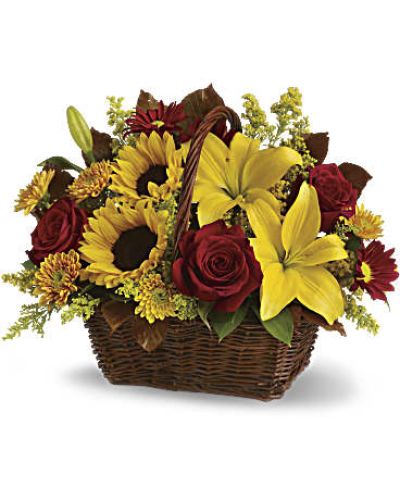 <div id="mark-3" class="m-pdp-tabs-marketing-description">Send warm autumn sunshine to a special friend or relative with this golden gift basket of flowers. Yellow lilies and sunflowers make everyone smile!</div>
<div id="desc-3">
<ul>
<li>A dark, handled basket presents bright fall bouquet of yellow asiatic lilies, yellow sunflowers, gold cushion mums, burgundy daisies, yellow solidaster, brown copper beech leaves and rich green salal.</li>
<li>Our florists hand-design each arrangement, so colors, varieties and containers may vary due to local availability</li>
</ul>
</div>