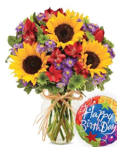 Celebrate a birthday with a flower bouquet inspired by the essence of Europe, paired with a Happy Birthday balloon. They'll love the colors and festive flowers! You'll love their happy smile!
<ul>
<li>Our florists hand-design each arrangement, so colors, varieties and containers may vary due to local availability</li>
</ul>